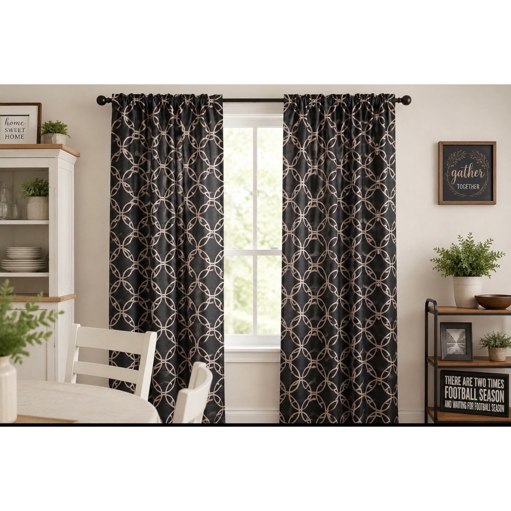 Blackout Window Curtainโ Panels Set of 2 Black Gold Geometric Circle